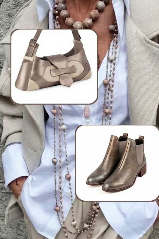 Women's antique gold and bronze solid-color chelsea boots with round toe and leather sole - Top view